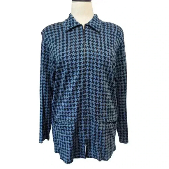 Vintage Cathy Daniels Blue & Black Houndstooth Zip Up Sweater with Pockets Med - Picture 1 of 8